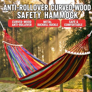 Canvas Hammock with Wooden Spreader Bar, Portable Anti-Tip Camping Garden Outdoor Cotton <b>Swing</b> Hammock with <b>Ropes</b> - Product Image 2