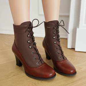 Botines de Mujer con Cordones, Punta Redonda, Tacón Cuadrado, de Cuero Genuino, Color Marrón Sólido, Transpirables, Altura Media, para Otoño - Product Image 3
