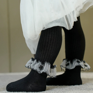 Leggings moulants en dentelle évasée pour filles, bas tricotés à pieds pour enfants, collants en coton peigné pour bébé - Product Image 4
