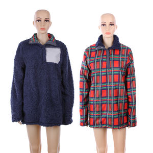 Winter Patch Pocket Sweatshirt <strong>Jumper</strong> <strong>Half</strong> <strong>Zip</strong> Plaid Fuzzy Jackets Fluffy Cozy Faux Fur Reversible Sherpa Jacket Fleece Pullover - Product Image 6