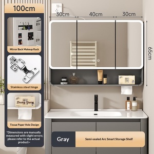 Armoire de salle de bain incurvée de luxe léger <span class=keywords><strong>avec</strong></span> <span class=keywords><strong>miroir</strong></span>, <span class=keywords><strong>prise</strong></span> sèche-cheveux <span class=keywords><strong>intégrée</strong></span>, étagère de rangement et cadre en fibre de carbone - Product Image 6