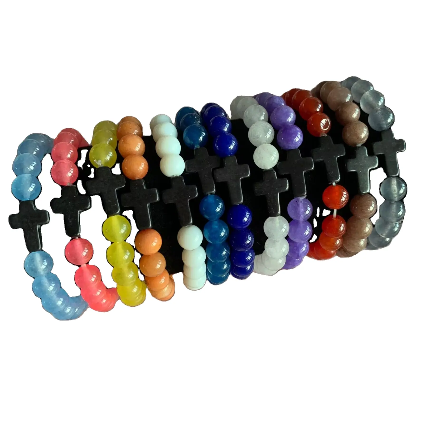 Pulseiras de pedra de jade elástica para homens e mulheres, novo design, cruz preta, pedra colorida, pulseiras para presentes religiosos cristãos