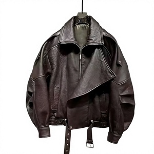 Genuine <b>Leather</b> Motorcycle Jacket Women's Stand Collar Full Sleeve Zipper Closure Solid Color Autumn <b>Short</b> Length - Product Image 1