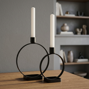 Modern Black Metal Candle Holder Set of 2 <b>Large</b> Round Circle Candle Holders with Tall Taper Candle Cups Decorative Iron Ring - Product Image 6