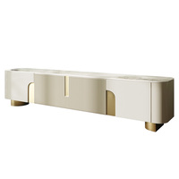 Ensemble de meuble TV et table basse en marbre minimaliste moderne avec cadre en acier inoxydable et bois, couleur crème, avec rangement pour le salon