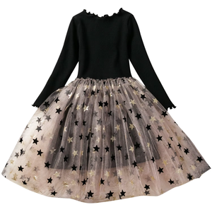 Nuovo Stile Abito per Ragazze Personalizzato Nero a Maniche Lunghe in Maglia Morbida con Stampa e <span class=keywords><strong>Gonna</strong></span> in <span class=keywords><strong>Tulle</strong></span> Sfumato - Product Image 1