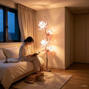 Lámpara de pie decorativa estilo escultura, pantalla de cristal con diseño de loto de 4 cabezas, base dorada pulida, luz ambiental cálida y suave para el hogar - Product Image 5