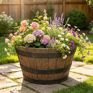 Pot <span class=keywords><strong>de</strong></span> fleurs rustique d'extérieur en résine <span class=keywords><strong>de</strong></span> 15 pouces, pot <span class=keywords><strong>de</strong></span> fleurs en forme <span class=keywords><strong>de</strong></span> baril, pot <span class=keywords><strong>de</strong></span> fleurs brun, grain <span class=keywords><strong>de</strong></span> <span class=keywords><strong>bois</strong></span> vintage, pot <span class=keywords><strong>de</strong></span> fleurs d'extérieur empilable - Product Image 1