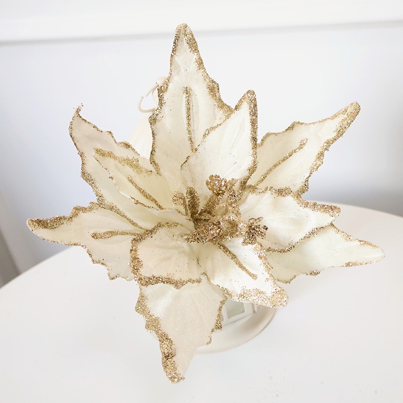 Testa di fiore natalizio in platino floccato - 18 cm espanso