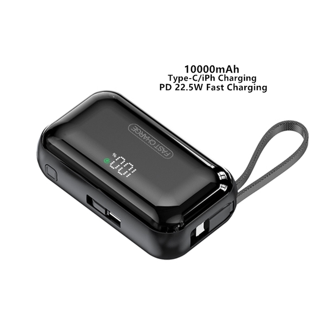 Mini Capsule 10000mAh Power Bank 22.5W PD Fast Charging Portable Battery Pack Built-in Cable Phone Stand LED Display Flashlight