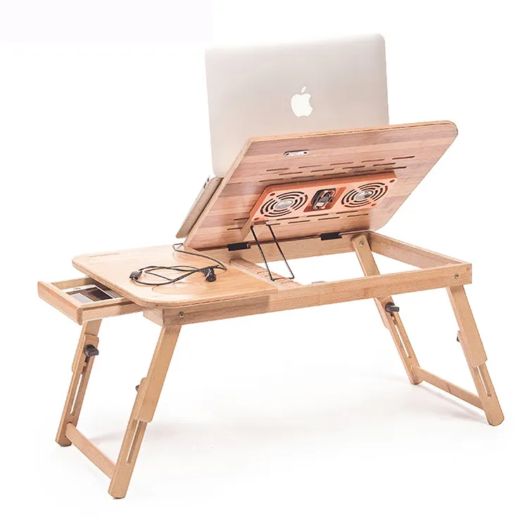 Mesa de escritorio ajustable para ordenador portátil, 100% bambú, con ventilador USB, bandeja plegable para servir el desayuno, cajón de madera