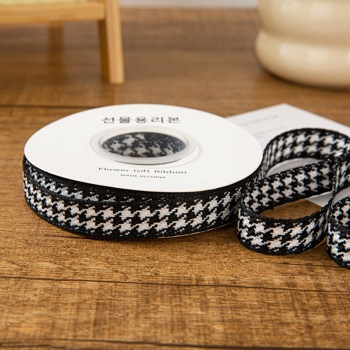 Sangle pied-de-poule noire [type dur extra épais] de 1,5 cm, 10 mètres