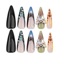 Vente en gros de faux ongles en PMMA de style français, longs, en forme d'amande, à presser, motifs écaille de tortue, strass, papillons, personnalisables, finition brillante/mate