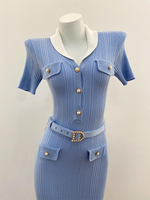 Nouvelle Robe Midi Vintage Élégante Sirène à Manches Courtes Tricotée avec Col Revers Français Perlé et Ceinture à la Taille – Collection Automne 2026
