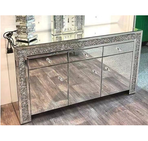 Foshan furniture modern simple design crushed diamond three doors with drawers living room side cabinet