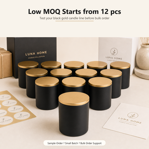 Bocaux à bougies de luxe noirs et dorés avec couvercle en métal doré et boîte cadeau pour marques à label privé, logo personnalisé - Product Image 2