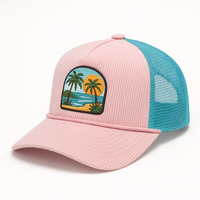 Casquette de sport en maille à 5 panneaux de haute qualité en gros, logo brodé personnalisé, patch en velours côtelé, casquette de camionneur, hiver, extérieur