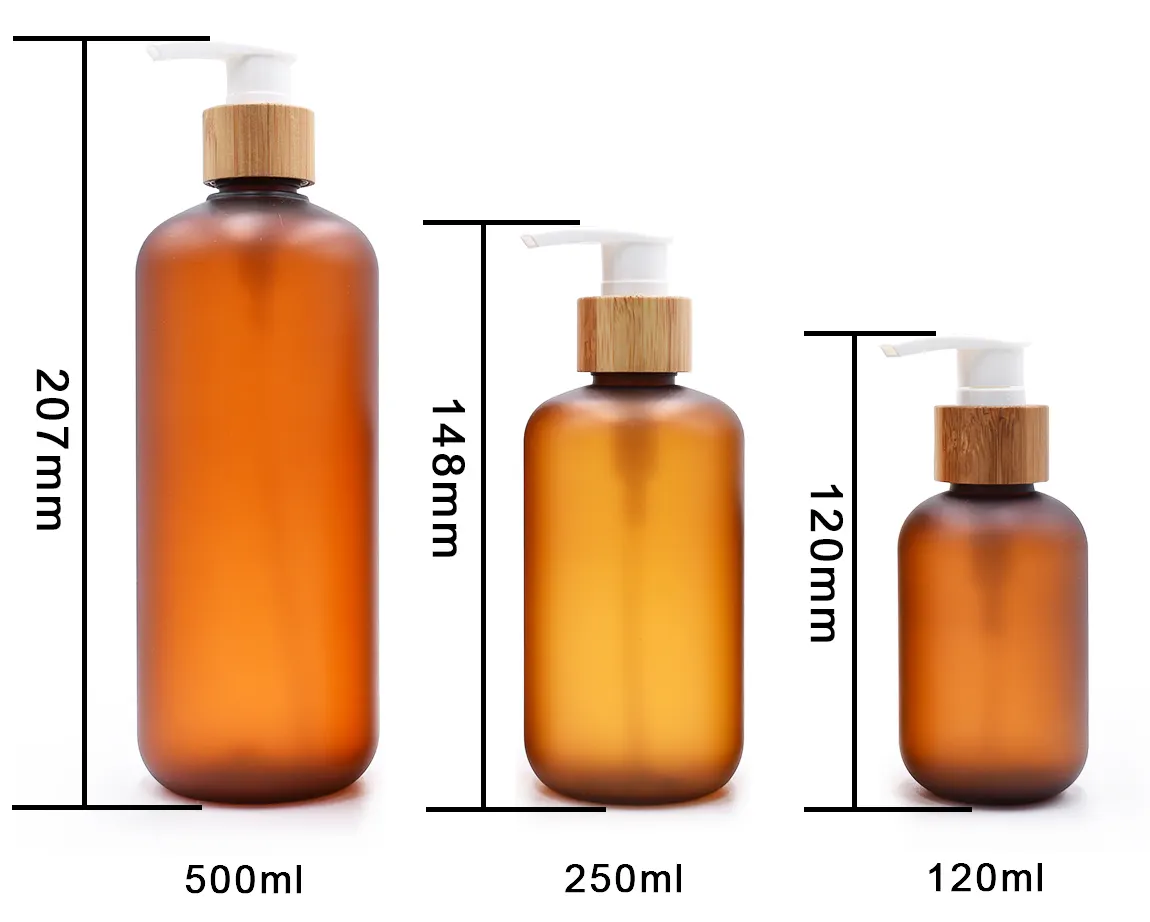 Empty Shampoo Bottle Luxury Hair Oil Frosted Amber Plastic Body Bamboo Lotion Bottles 250ml