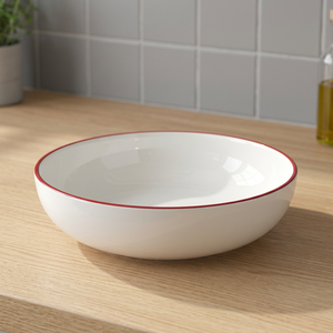 Bol de service en céramique rond blanc avec bord rouge, design minimaliste, passe au lave-vaisselle, vaisselle de cuisine - Product Image 1