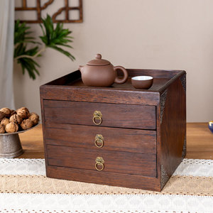 Caja de almacenamiento de té tailandesa vintage de madera maciza con 3 cajones y tapa para pastel de té Pu-erh, organizador de escritorio - Product Image 1