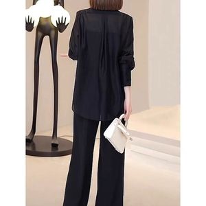 Femmes été en mousseline de soie épissage faux deux pièces veste taille haute <span class=keywords><strong>jambe</strong></span> large pantalon crème solaire costume deux pièces ensemble Sehe mode - Product Image 6