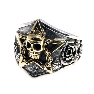 Gerçek saf 925 ayar gümüş Viking halkası kafatası Pentagram gotik Punk Rock gül çiçek oyma Resizable erkekler ve kadınlar için kadın - Product Image 1