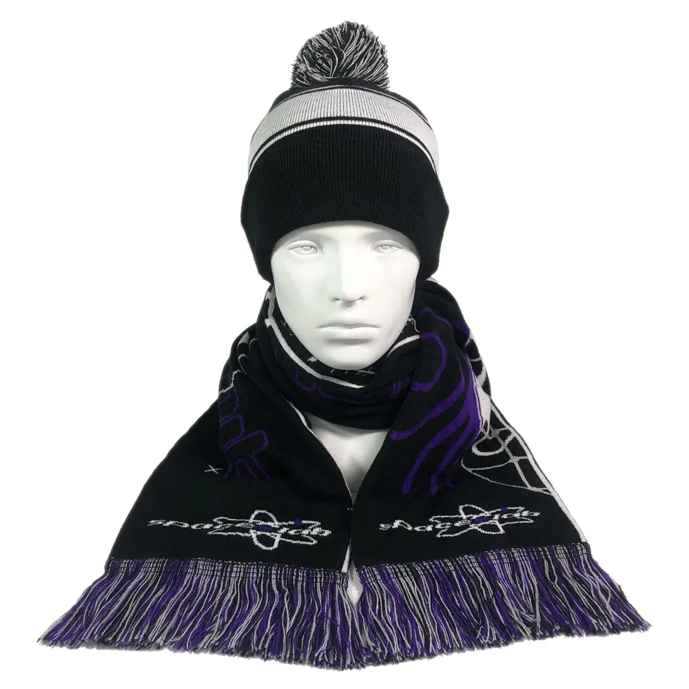 OEM Amazon popular colorful unisex light blue purple pompom beanie scarves set custom fashion jacquard design big winter scarf