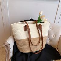 Tas Selempang Anyaman Tali Seagrass & Kain Warna Solid Buatan Tangan, Kapasitas Besar, Tahan Air, Model Buka-Tutup