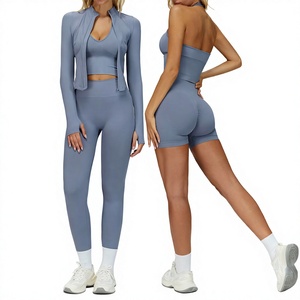 Conjunto de Yoga para Mujer, Top Corto Gris sin Costuras, Leggings de Cintura Alta, Chaqueta de Manga Larga - Product Image 2