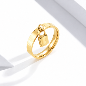 Gold Tone Padlock <b>Charm</b> Ring Polished Band with Dangle Lock Pendant Modern Statement Jewelry - Product Image 1