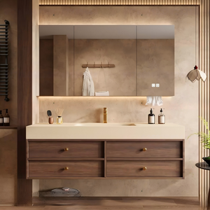 Meuble-lavabo <span class=keywords><strong>de</strong></span> salle <span class=keywords><strong>de</strong></span> bain personnalisé beige sable minimaliste avec vasque en céramique sous plan pour salle <span class=keywords><strong>de</strong></span> bain <span class=keywords><strong>de</strong></span> <span class=keywords><strong>maison</strong></span> jumelée neuve, style épuré - Product Image 5