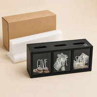 Boîte à monnaie en bois avec logo personnalisé, 3 sections, pour économiser, offrir et dépenser, avec fenêtres transparentes, cadeau pour enfants