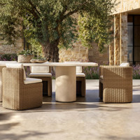 Meubles de jardin contemporains en osier tissé à la main, résistants aux intempéries, avec coussins moelleux, ensemble de table à manger d'extérieur