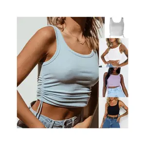 Prodotti di vendita caldi estate String pieghettato Beach Wear t-shirt da donna canotta a coste donna Sexy Crop Top Mujer