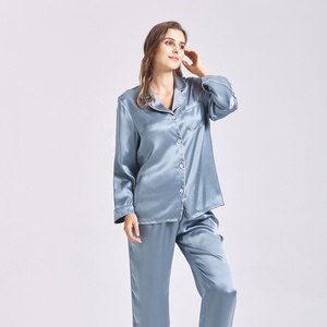 Custom 16/19/<strong>22</strong> Momme 100% Silk Pajamas Long Sleeves V-neck Silk <strong>Pyjamas</strong> Women Misty Blue Organic Silk Sleepwear Set - Product Image 2