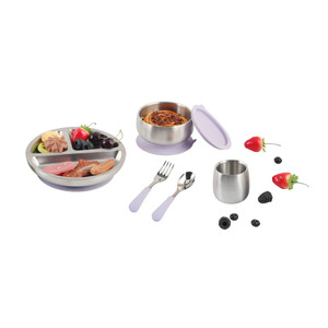 Ensemble d'alimentation pour bébé en acier inoxydable avec bol à ventouse, assiette, cuillère, fourchette et tasse pour tout-petits, design minimaliste, couleur unie, forme ronde - Product Image 5