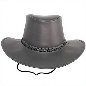 Unisex Leather Cowboy <b>Hat</b> With Braided <b>Band</b> Gray Casual Outdoor Adjustable Adult Four Seasons - Product Image 1