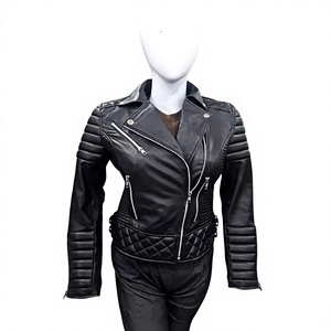 Nabtay Sports Women's Black Sheep Skin Finished Windproof High Street Moto <b>Jacket</b> Quilted Waist Zipper Closure Stand Collar Full - Product Image 1