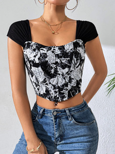 Damen New Style Sommer Korsett Floral One-Shoulder Hosenträger Casual Short Vest Exposed Navel Vielseitig gestricktes Crop Top Schwarz - Product Image 2