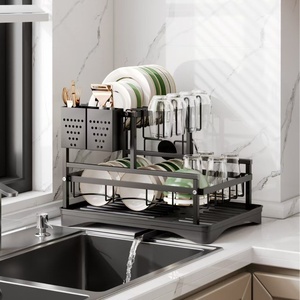 Étagère <span class=keywords><strong>de</strong></span> rangement <span class=keywords><strong>de</strong></span> cuisine à 2 niveaux, en acier inoxydable multi-couches, mobile, non pliable, <span class=keywords><strong>avec</strong></span> panier égouttoir et porte-gobelets - Product Image 3