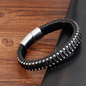 Leren armband, handgeweven armband met ketting, echt leer gevlochten heren vintage roestvrij staal L19145 - Product Image 2