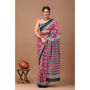 Sari de Algodón Mulmul Estampado con Blusa a Juego, Sari de Algodón Mulmul Ligero y Elegante - Cómodo para Uso Diario - Product Image 4