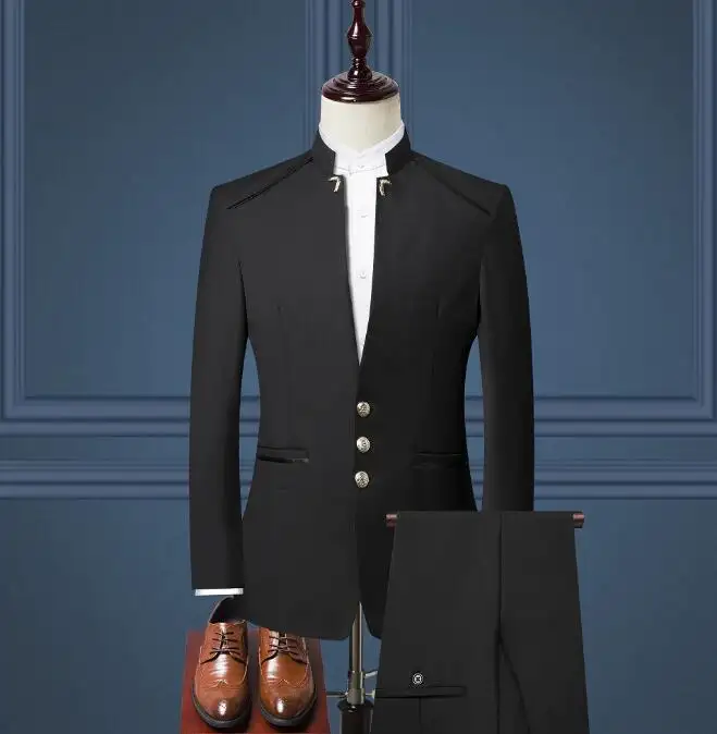 Iyi fiyat tedarik erkek takım elbise üç parçalı set İngiliz tarzı stand-up yaka Zhongshan takım elbise resmi elbise erkek takım elbise