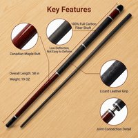 Queue de billard CUE TANK 58 pouces, 1/2, en fibre de carbone, avec joint fileté en acier inoxydable, incrustation en bois rouge, enveloppe en cuir, pour la vente en gros aux clubs