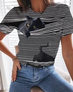 Nouveau T-<span class=keywords><strong>shirt</strong></span> pour <span class=keywords><strong>femme</strong></span> à col rond et imprimé graphique <span class=keywords><strong>chat</strong></span> à <span class=keywords><strong>motif</strong></span> rayé pour décontracté - Product Image 3