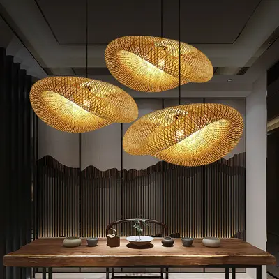 Moderne Bamboe Weverende Designlamp Asia Restaurant Hotel Hangende Lampen Rotan Kunst Kroonluchter Led Bamboe Hanglamp