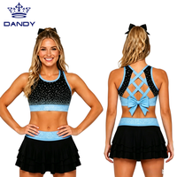 Ensemble soutien-gorge de sport et jupe personnalisés pour filles, noir et bleu clair, avec strass, dos croisé et nœud, pour entraînement de cheerleading