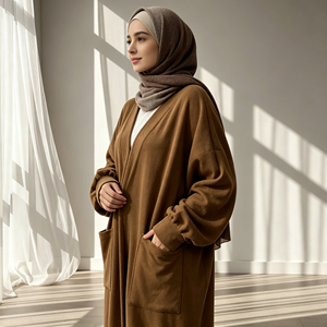 Manteau Abaya ouvert en coton chaud d'hiver avec poches, vêtements décontractés pour femmes musulmanes, couleur unie, manches longues (1997) - Product Image 1