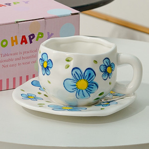 Diseño clásico Underglaze pintado a mano cielo azul nube blanca Taza de cerámica platillo conjunto para desayuno leche café o agua - Product Image 3