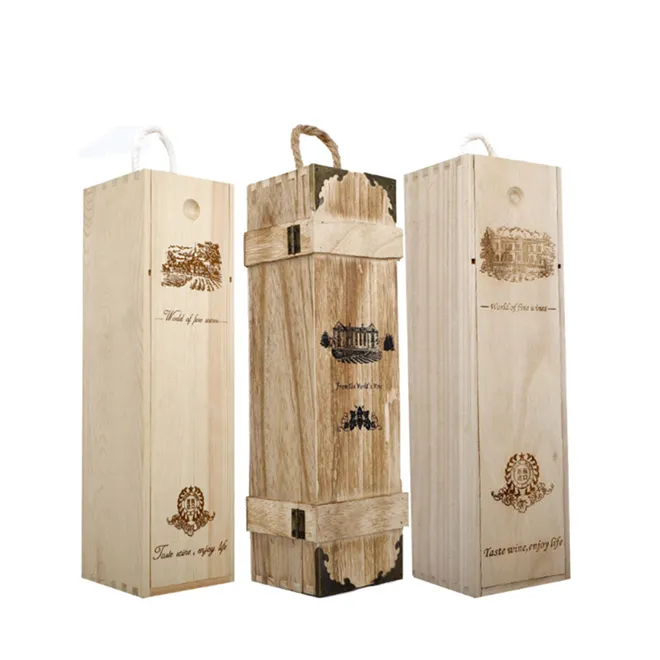 Bulk Light Paulownia Wood Christmas Wine Gift box with Rope Handles Mass Custom Wine Whiskey Single Bottle Wooden Packaging Box